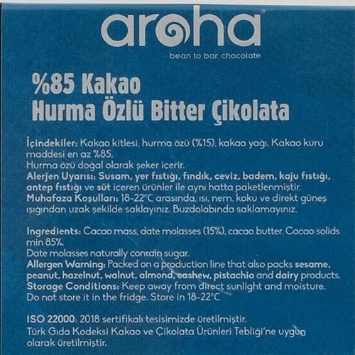 Hurma Özlü Bitter Çikolata- %85 Kakao (80 gr) Aroha