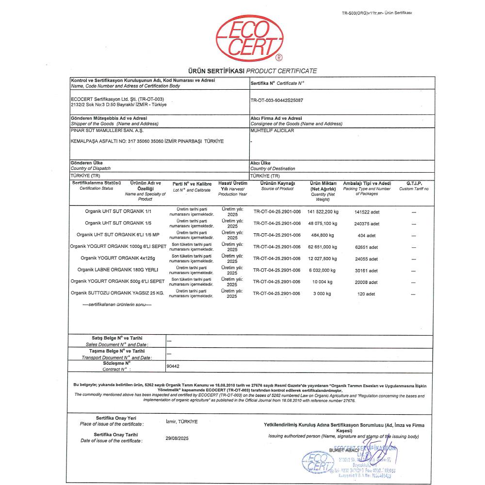 Laktozsuz Süt, Denge (1 litre) Pınar