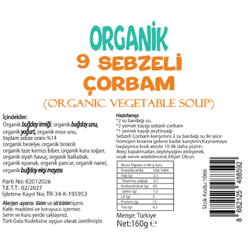 Organik 9 Sebzeli Çorbam (160 gr) Beyorganik(Pestisit ve Aflatoksin Analizli)