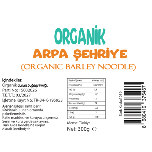 Organik Arpa Şehriye (300 gr) Beyorganik