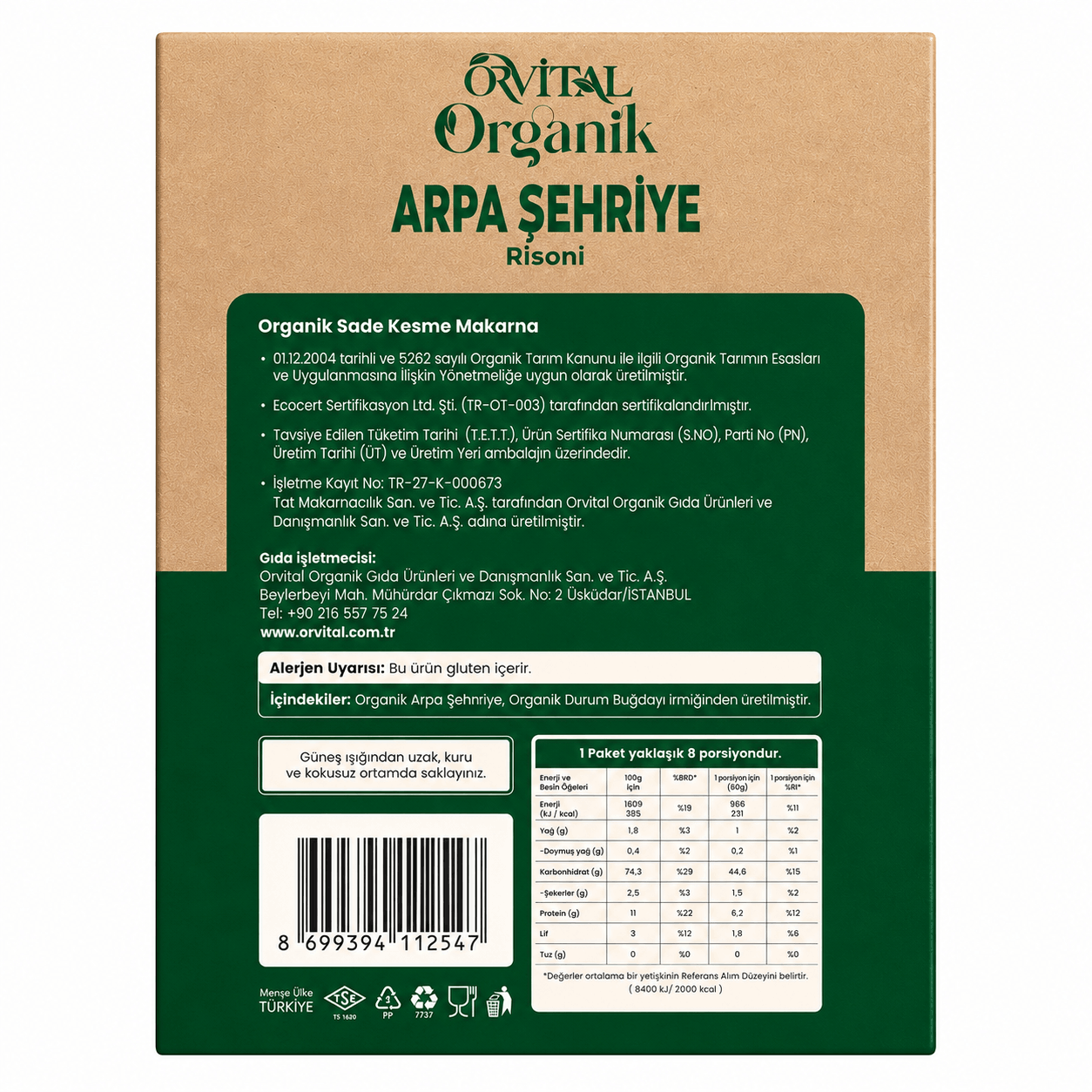 Organik Arpa Şehriye, 500 gr (Orvital)