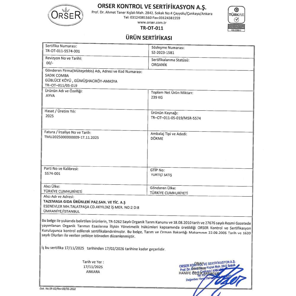 Organik Ayva (kg) Sadık Comba