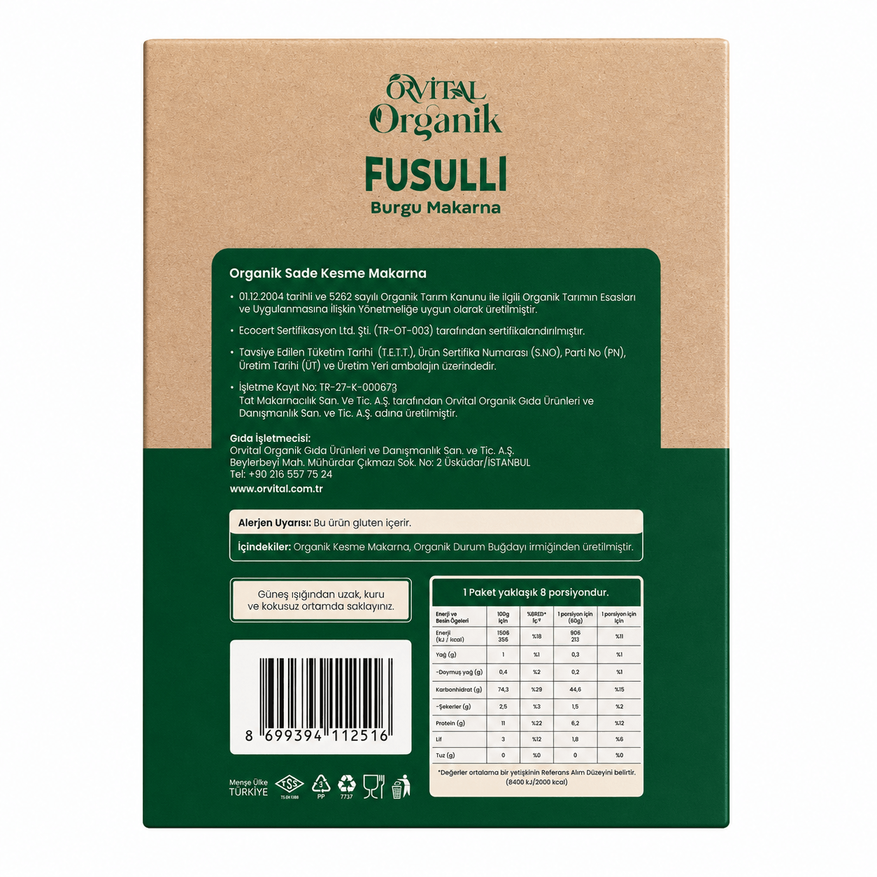 Organik Burgu Makarna, 500 gr (Orvital)