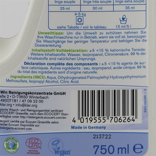 Organik Çamaşır Yumuşatıcısı, Kokusuz (750 ml) Klar
