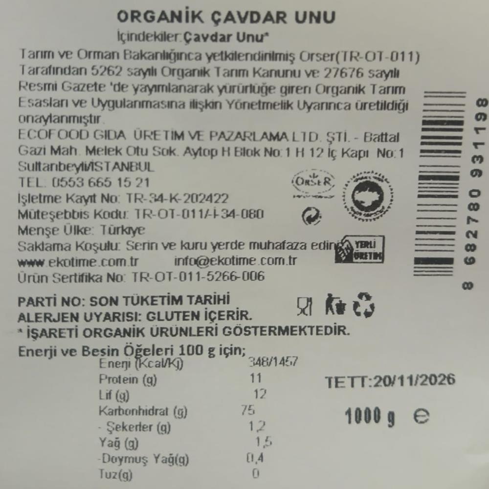 Organik Çavdar Unu (1 kg) Ekotime