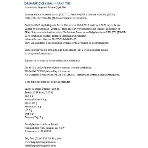 Organik Çiçek Balı (460 gr) Happy Life