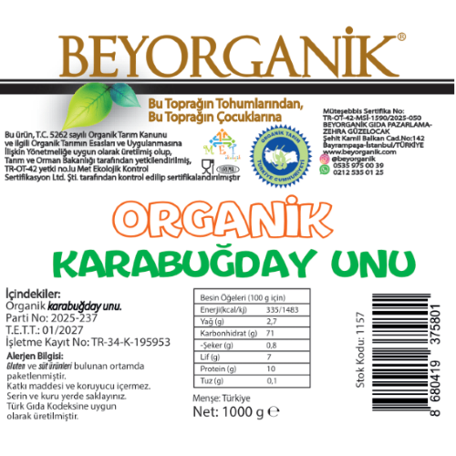 Organik Çiğ Karabuğday Unu (1000 gr) Beyorganik(Pestisit ve Aflatoksin Analizli)