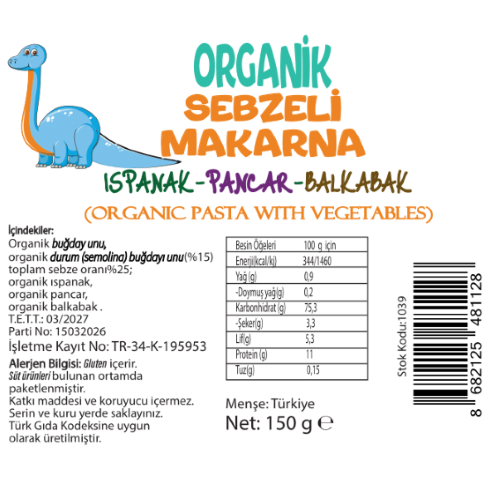 Organik Çocuk Makarna Ispanak-Pancar-Balkabağı (150 gr) Beyorganik