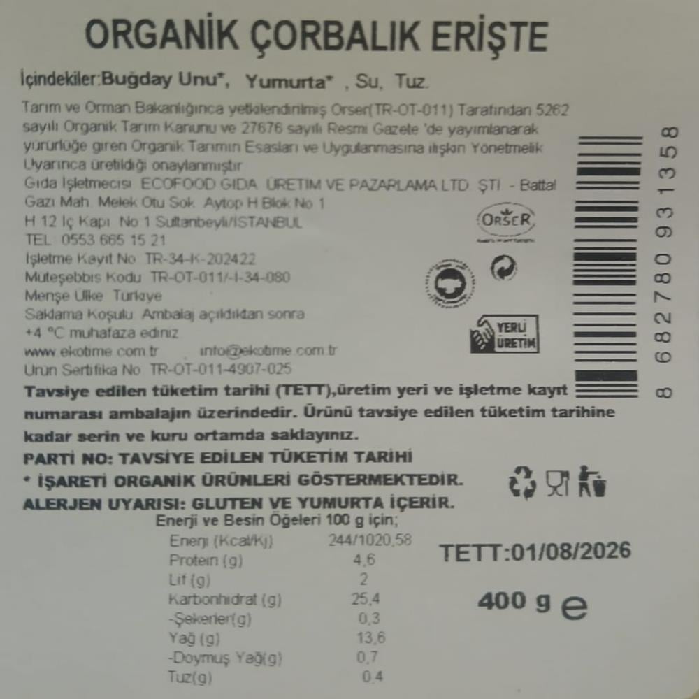 Organik Çorbalık Erişte (400 gr) Ekotime
