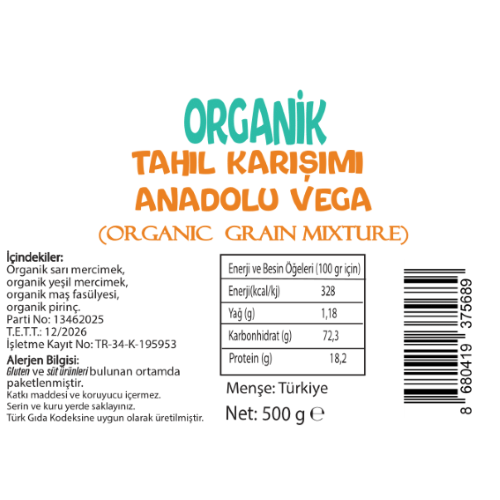 Organik Çorbalık Tahıl Karışımı-Anadolu-Vega (500 gr) Beyorganik(Pestisit ve Aflatoksin Analizli)