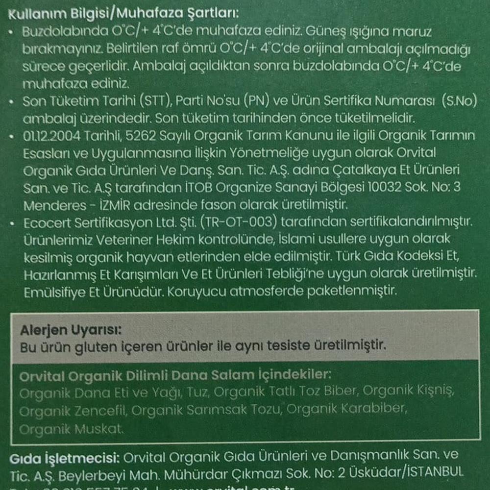Organik Dilimli Dana Salam (60 gr) Orvital