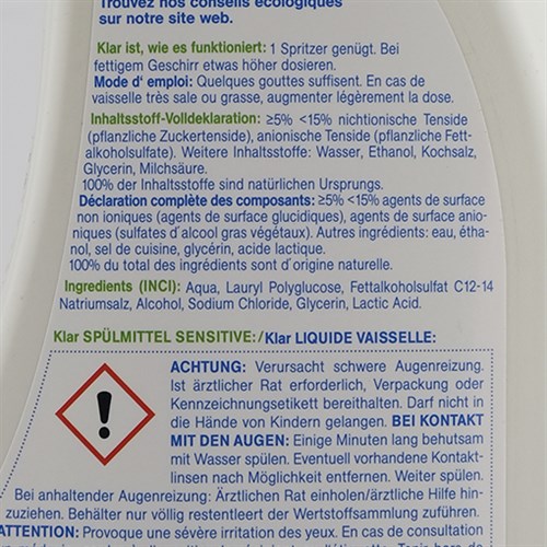 Organik Elde Bulaşık Yıkama Sıvısı, Kokusuz (1,5 litre) Klar