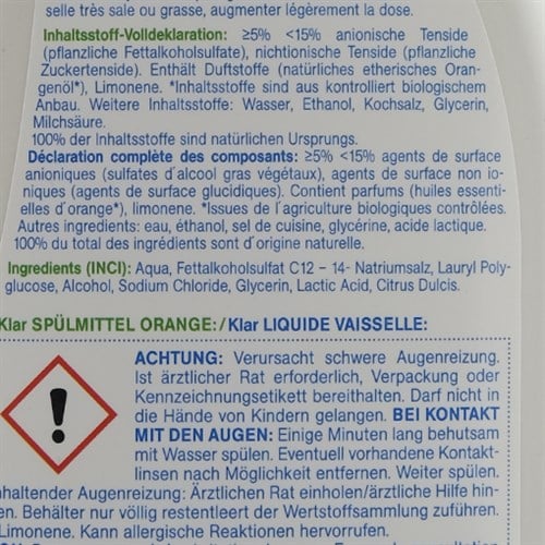 Organik Elde Bulaşık Yıkama Sıvısı, Portakal Kokulu (1,5 litre) Klar