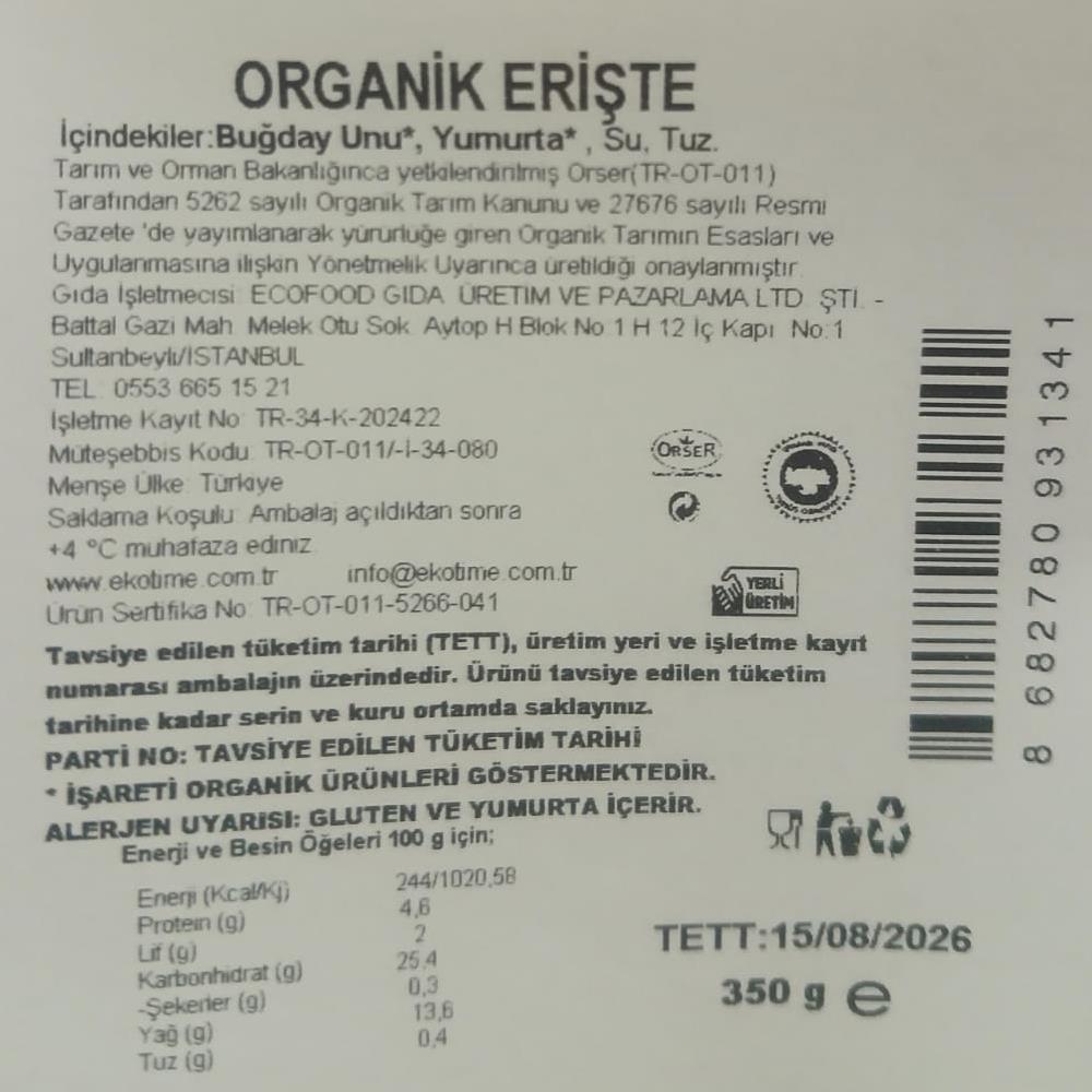 Organik Erişte (350 gr) Ekotime