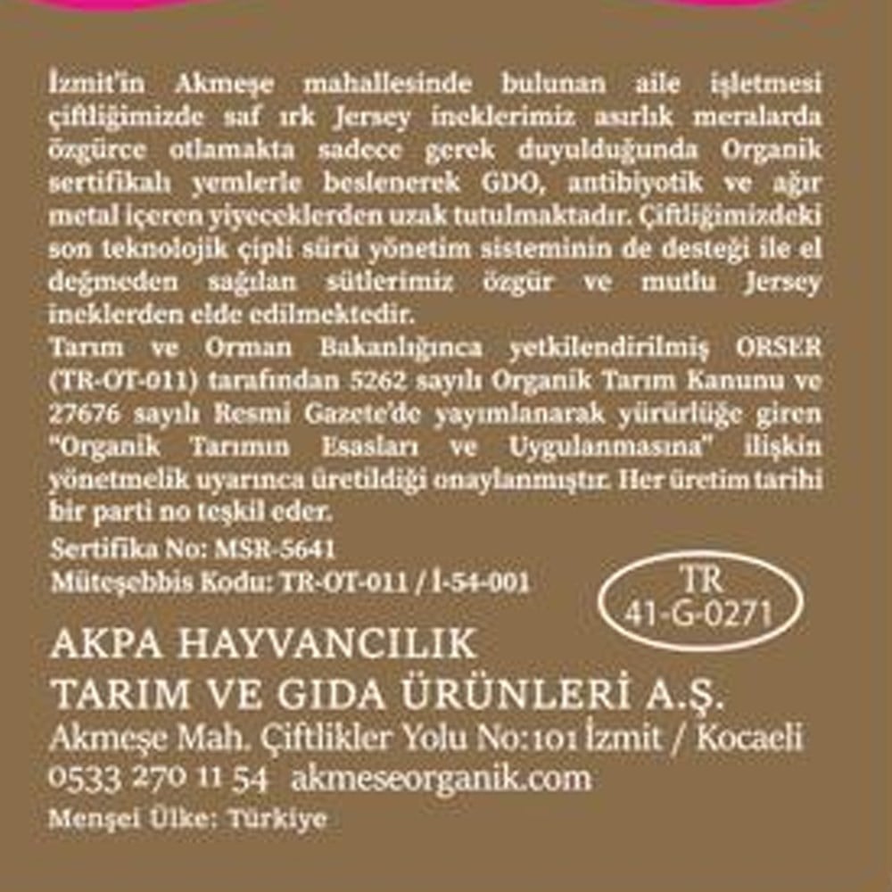 Organik Gold Jersey Günlük Pastörize Süt (1 lt pet şişe) Akmeşe
