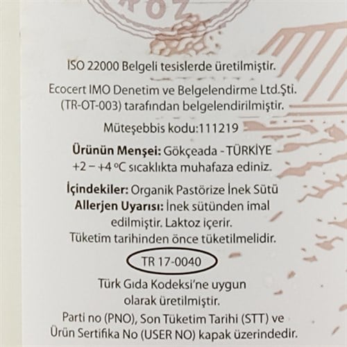 Organik Günlük Pastörize Süt, Ada (1 Litre)