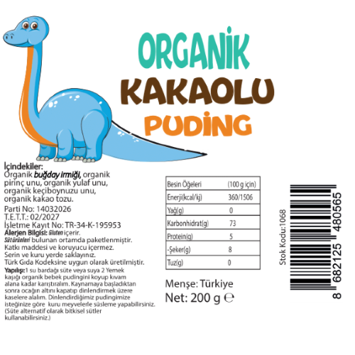 Organik Kakaolu Bebek Pudingi (200 gr) Beyorganik(Pestisit ve Aflatoksin Analizli)