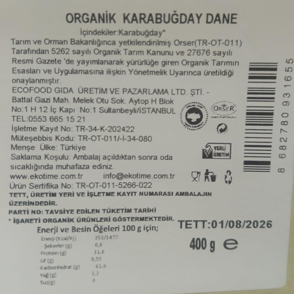 Organik Karabuğday Dane (400 gr) Ekotime