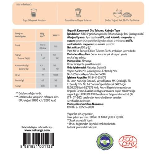 Organik Karnıyarık Otu Tohumu Tozu (Psyllium Husk) (100 Gr) Naturiga