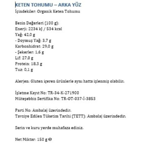 Organik Keten Tohumu (150 gr) Happy Life