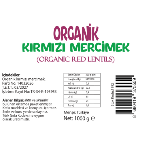 Organik Kırmızı Mercimek (1000 gr) Beyorganik(Pestisit ve Aflatoksin Analizli)