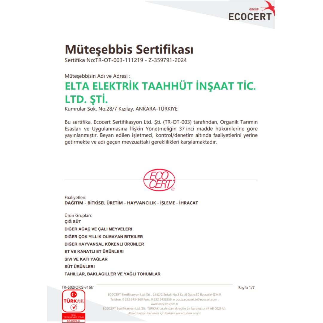 Organik Pastörize Jersey Süt (1 litre) Ada