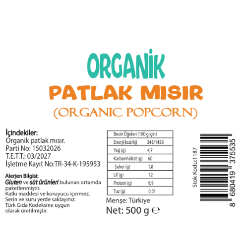Organik Patlak Mısır (500 gr) Beyorganik(Pestisit ve Aflatoksin Analizli)