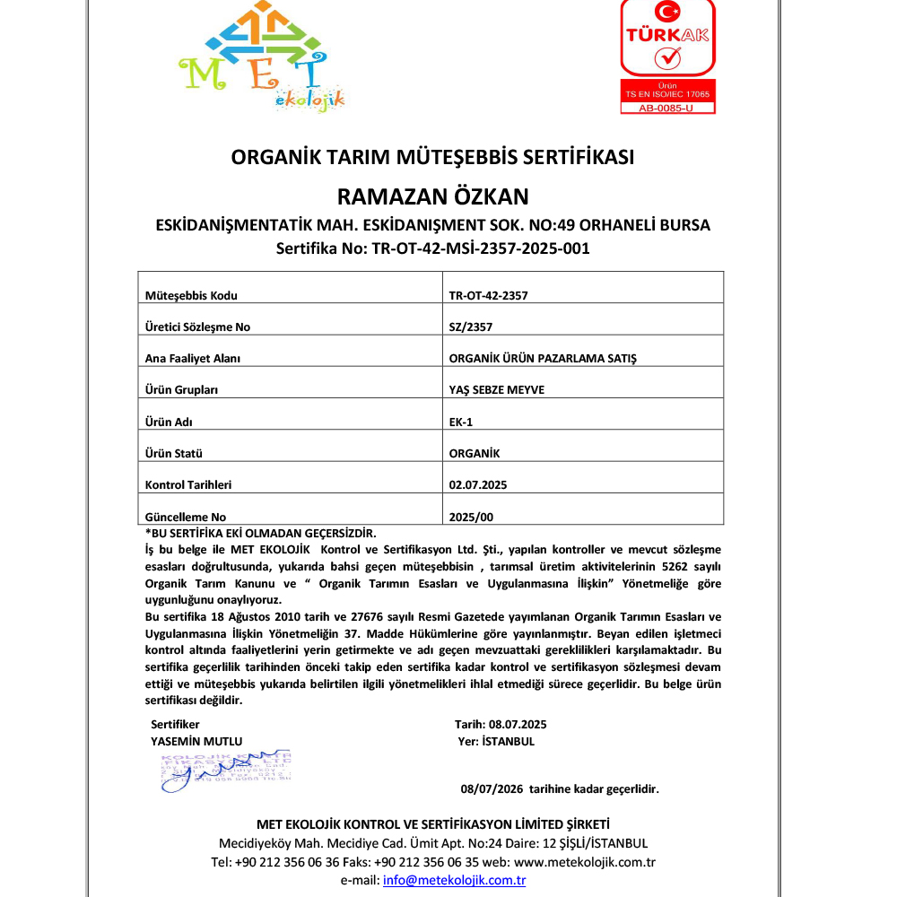 Organik Patlıcan Kemer (500 gr) Salih Özkan Çiftliği-Bursa