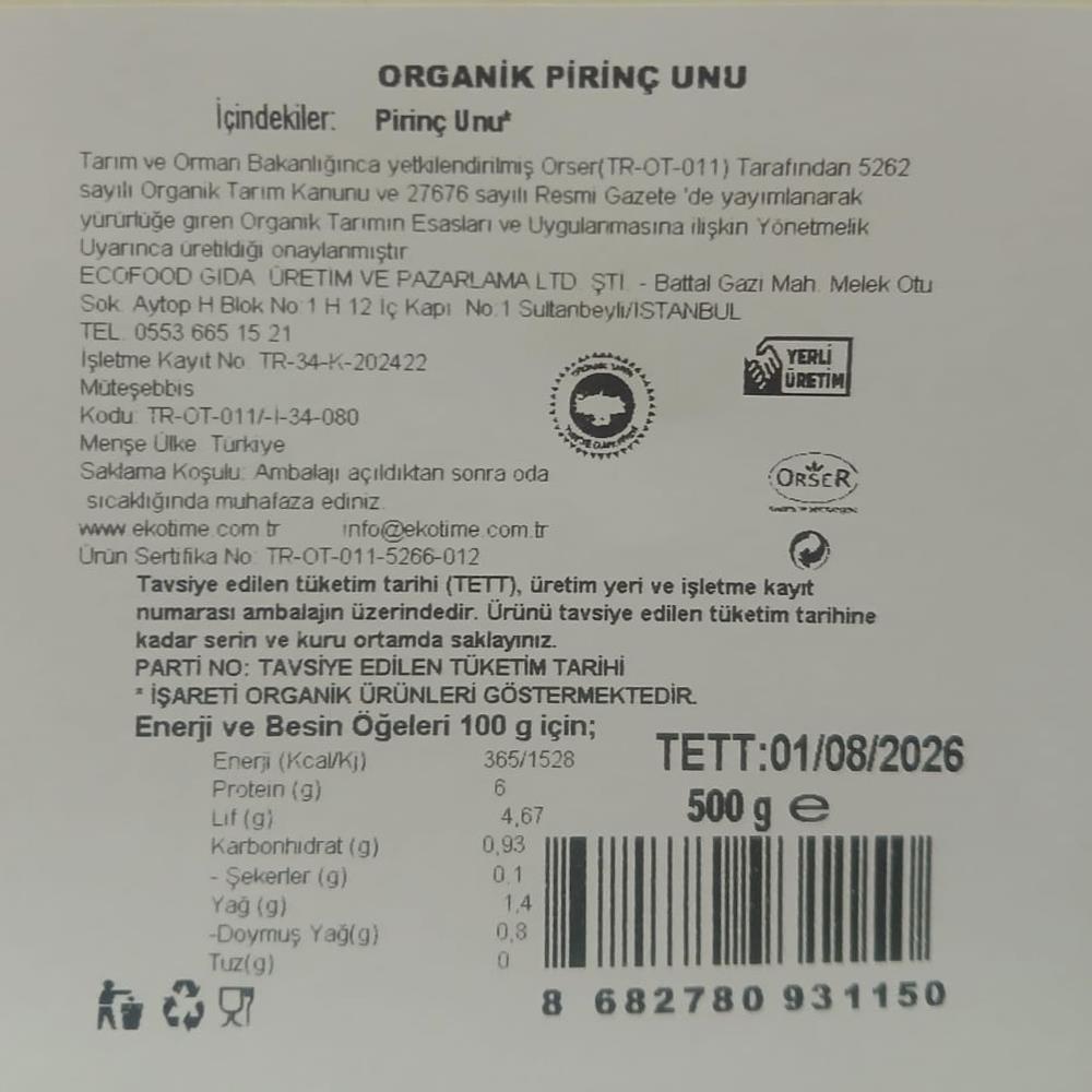 Organik Pirinç Unu (500 gr) Ekotime