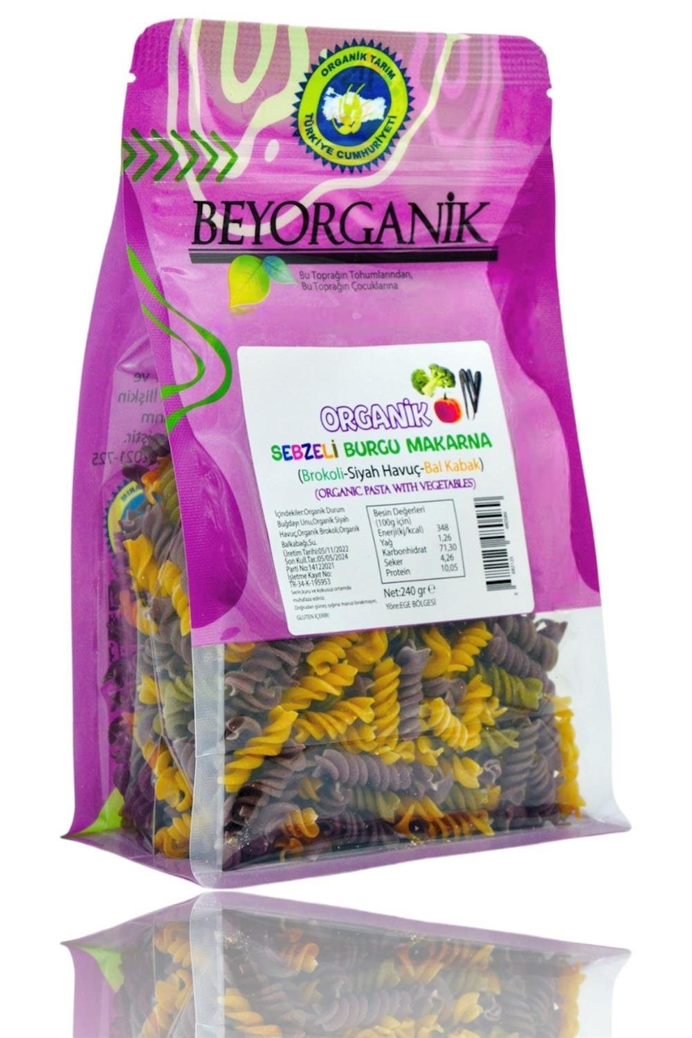 Organik Sebzeli Burgu Makarna Siyah Havuç-Brokoli-Balkabağı (240 gr) Beyorganik(Pestisit ve Aflatoksin Analizli)
