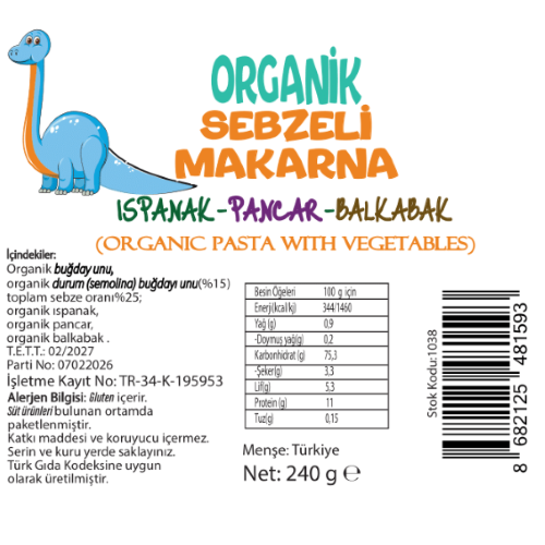 Organik Sebzeli Çocuk Makarna %35 Sebzeli Ispanak Pancar Balkabak +8ay (240gr) Beyorganik(Pestisit ve Aflatoksin Analizli)