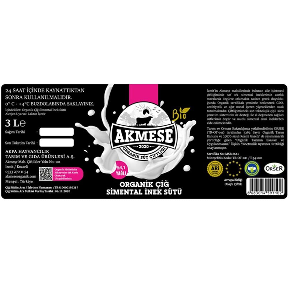 Organik Simental Çiğ Süt (3 litre,pet şişe) Akmeşe