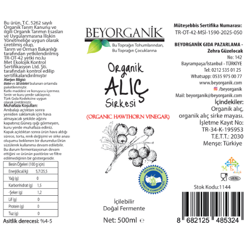 Organik Sirke Alıç (500 ml) Beyorganik(Pestisit ve Ağır Metal Analizi)