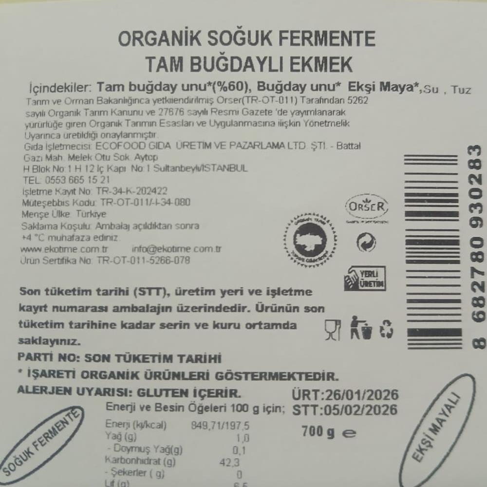 Organik Soğuk Fermente Tam Buğday Ekmek (700 gr) Ekotime
