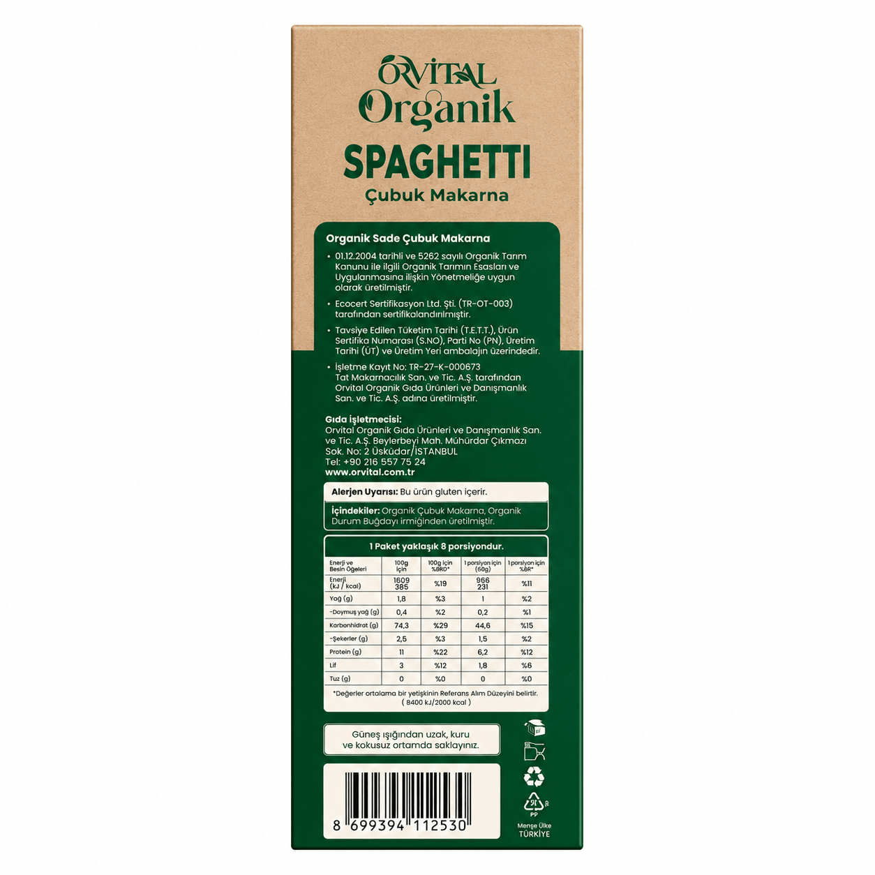 Organik Spagetti Makarna, 500 gr (Orvital)