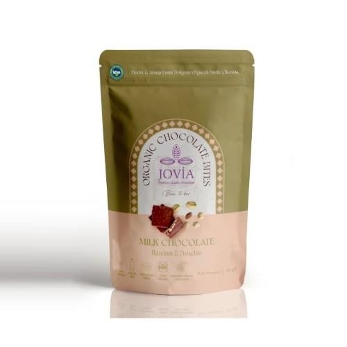 Organik Sütlü Çikolata Bites, Fındık ve Antep Fıstık Dolgulu (85 gr) Jovia