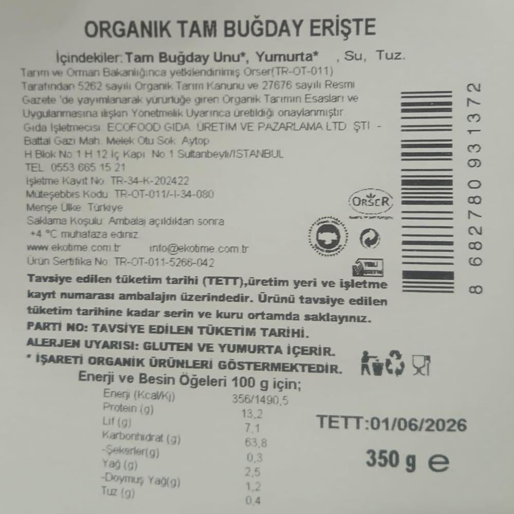 Organik Tam Buğday Erişte (350 gr) Ekotime
