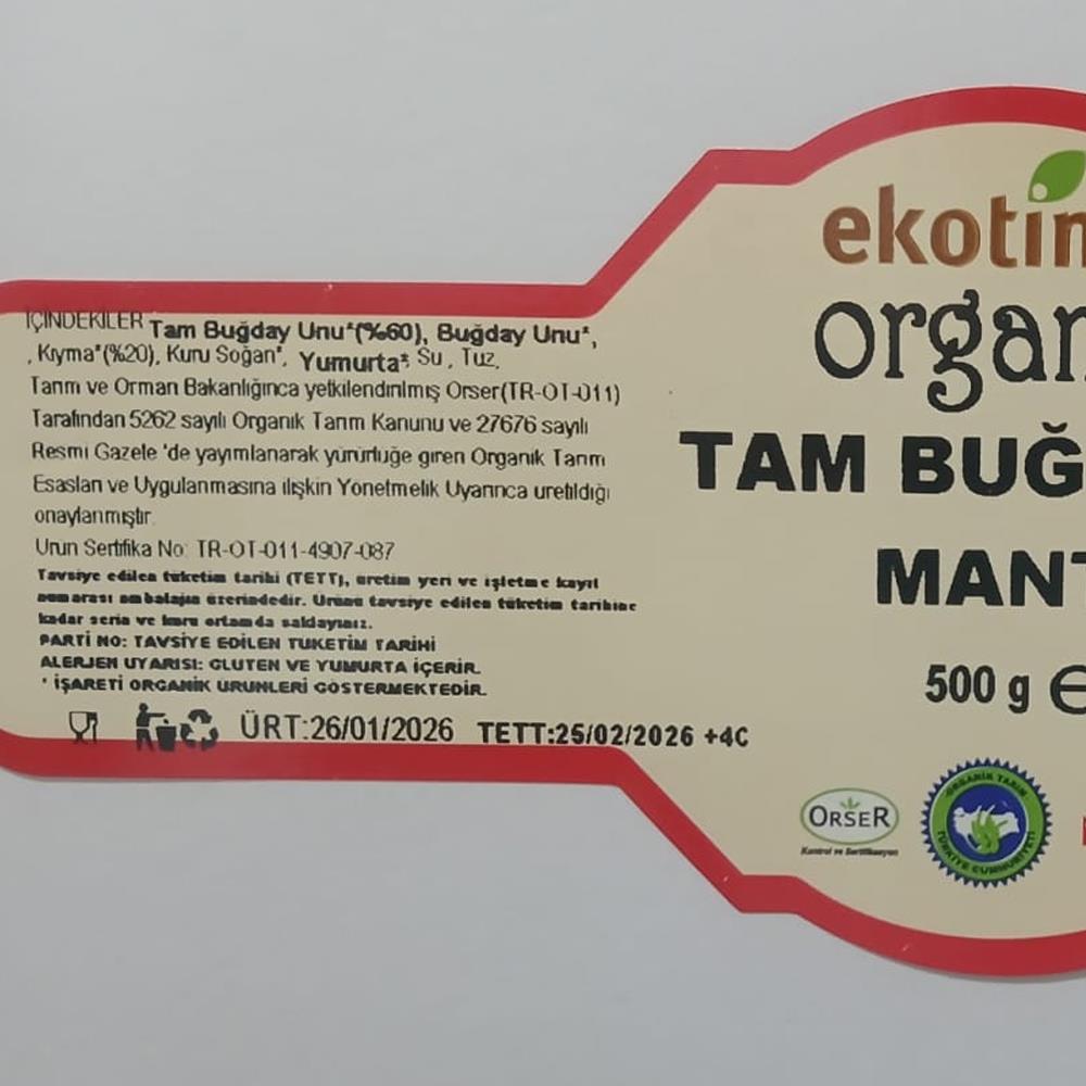 Organik Tam Buğdaylı Mantı (500 gr) Ekotime