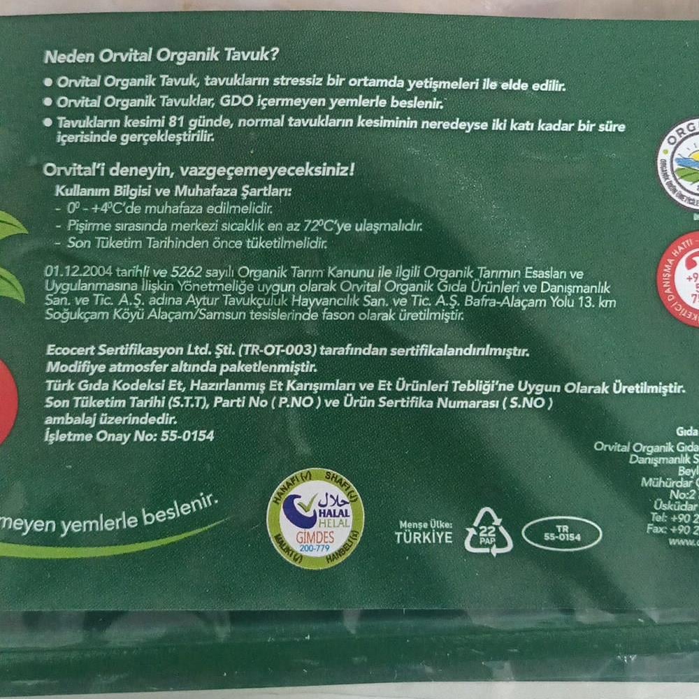 Organik Tavuk Bonfile (750 gr) Orvital