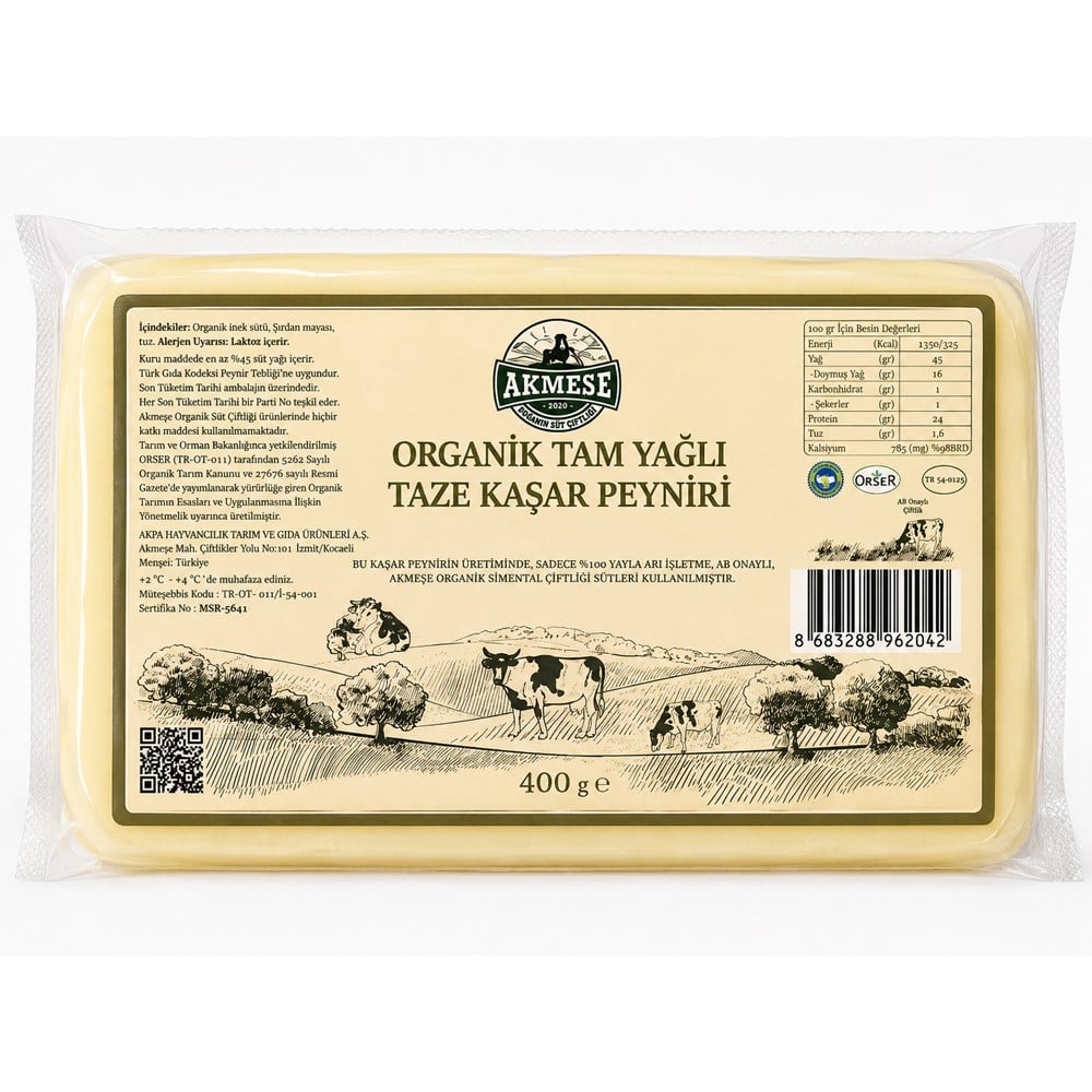 Organik Taze Kaşar Peyniri (400 gr) Akmeşe