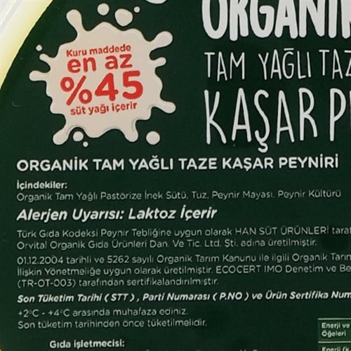 Organik Taze Kaşar Peyniri (400 gr) Orvital
