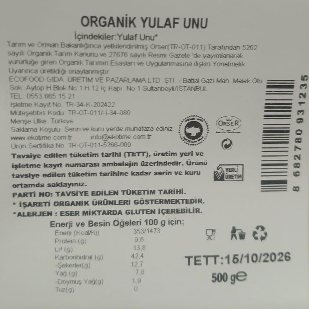 Organik Yulaf Unu (500 gr) Ekotime
