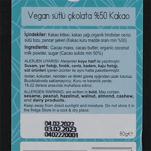 Vegan Sütlü Çikolata-%50 Kakao (80 gr) Aroha