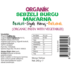 Organik Sebzeli Burgu Makarna Siyah Havuç-Brokoli-Balkabağı (240 gr) Beyorganik(Pestisit ve Aflatoksin Analizli)