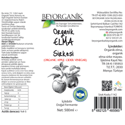 Organik Sirke Elma (500 ml) Beyorganik(Pestisit ve Ağır Metal Analizi)