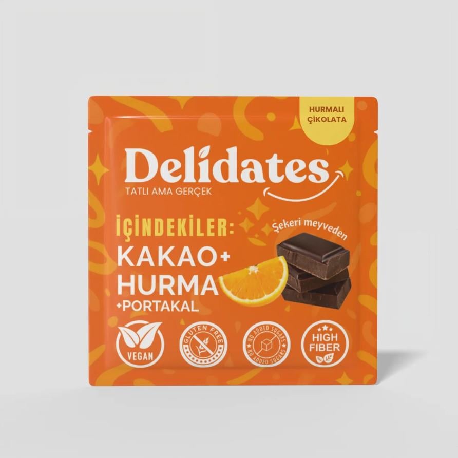 Glutensiz Vegan Portakallı Hurmalı Çikolata (40gr) Delidates