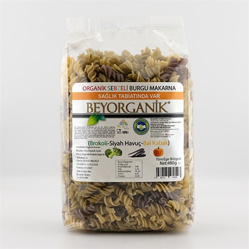 Organik Sebzeli Burgu Makarna Siyah Havuç-Brokoli-Balkabağı (480 gr) Beyorganik