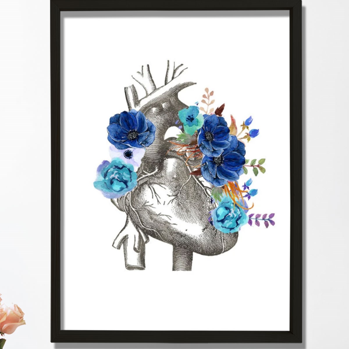 Anatomik Kalp, Çiçekli Kalp Sanatı, Kardiyoloji Doktor Duvar Tablosu