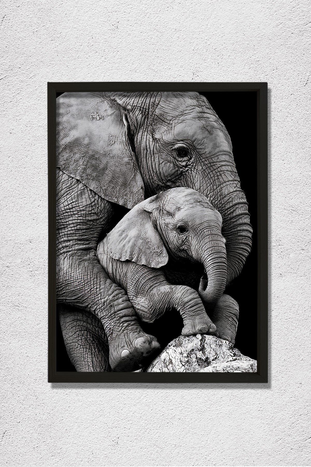 Anne Fil ve Yavrusu, Fil Sevgisi Doğal Ahşap Duvar Tablosu