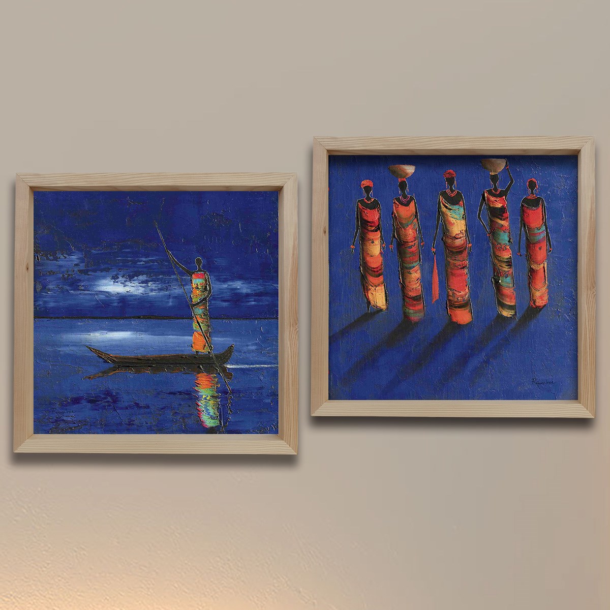 Dekor Loft Doğal Ahşap Çerçeveli Dekoratif Sanatsal ikili Tablo 33x33 Cm